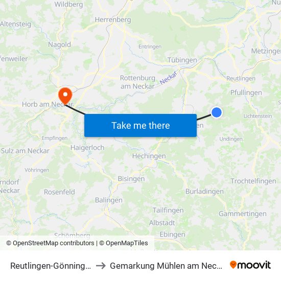 Reutlingen-Gönningen to Gemarkung Mühlen am Neckar map