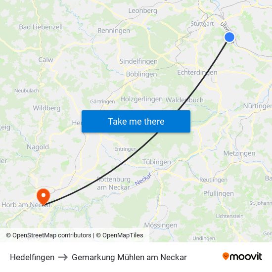 Hedelfingen to Gemarkung Mühlen am Neckar map