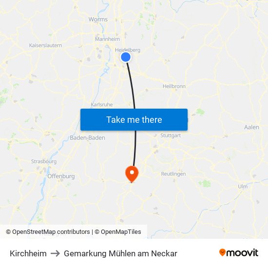 Kirchheim to Gemarkung Mühlen am Neckar map