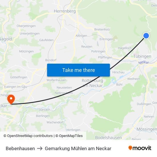 Bebenhausen to Gemarkung Mühlen am Neckar map