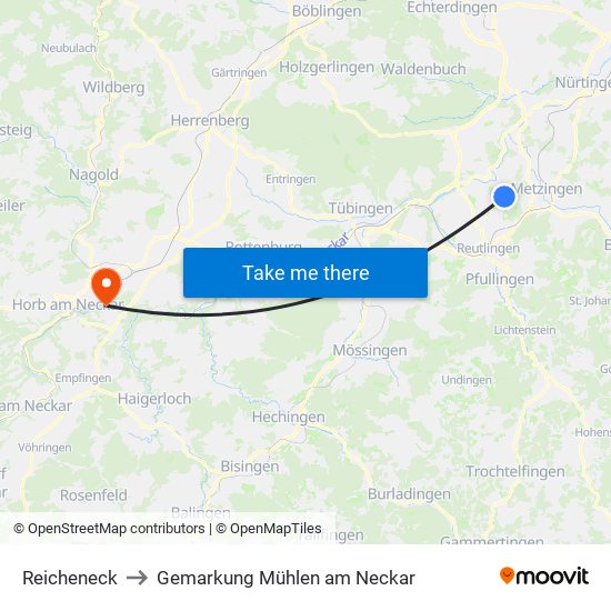 Reicheneck to Gemarkung Mühlen am Neckar map