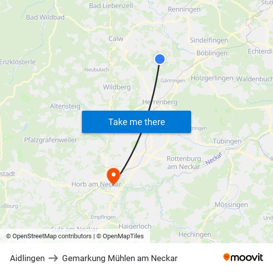 Aidlingen to Gemarkung Mühlen am Neckar map