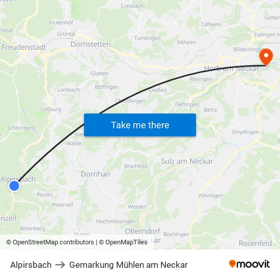 Alpirsbach to Gemarkung Mühlen am Neckar map