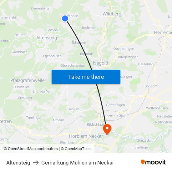 Altensteig to Gemarkung Mühlen am Neckar map