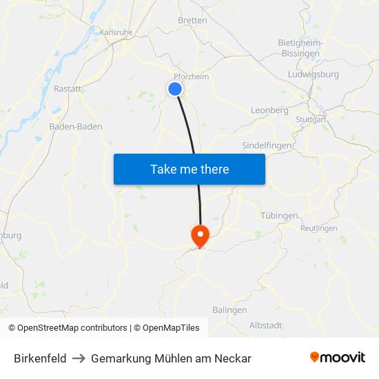 Birkenfeld to Gemarkung Mühlen am Neckar map