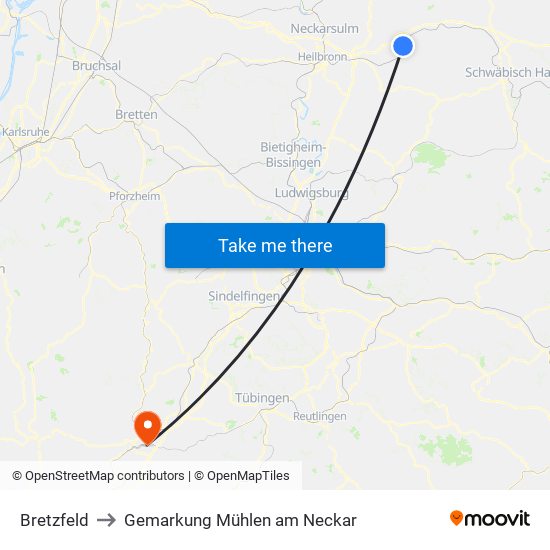 Bretzfeld to Gemarkung Mühlen am Neckar map