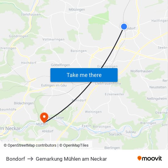 Bondorf to Gemarkung Mühlen am Neckar map