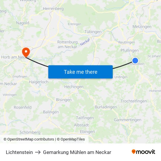 Lichtenstein to Gemarkung Mühlen am Neckar map