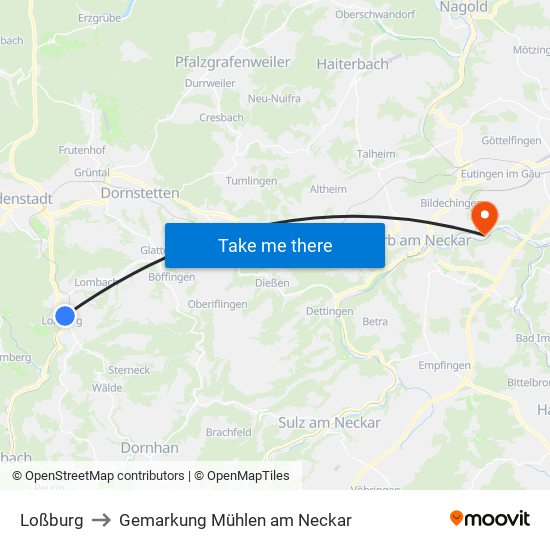 Loßburg to Gemarkung Mühlen am Neckar map
