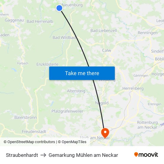 Straubenhardt to Gemarkung Mühlen am Neckar map