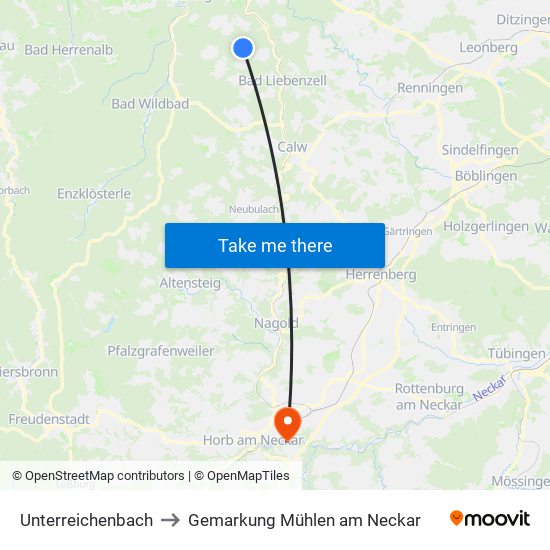 Unterreichenbach to Gemarkung Mühlen am Neckar map