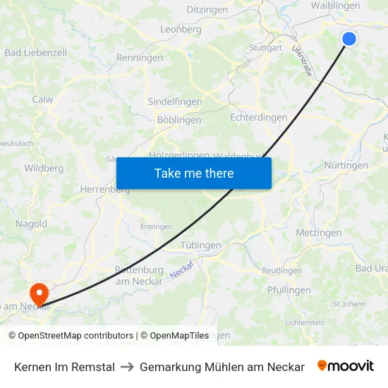 Kernen Im Remstal to Gemarkung Mühlen am Neckar map