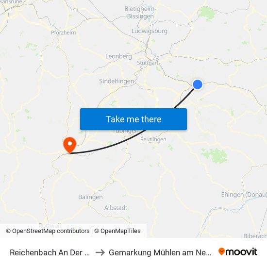 Reichenbach An Der Fils to Gemarkung Mühlen am Neckar map