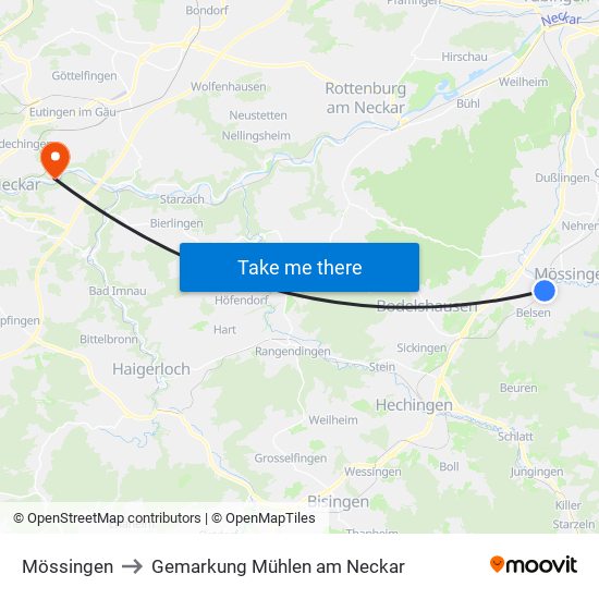 Mössingen to Gemarkung Mühlen am Neckar map