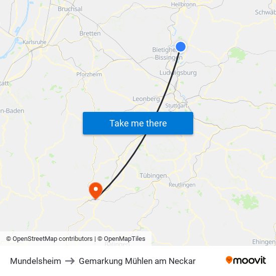 Mundelsheim to Gemarkung Mühlen am Neckar map