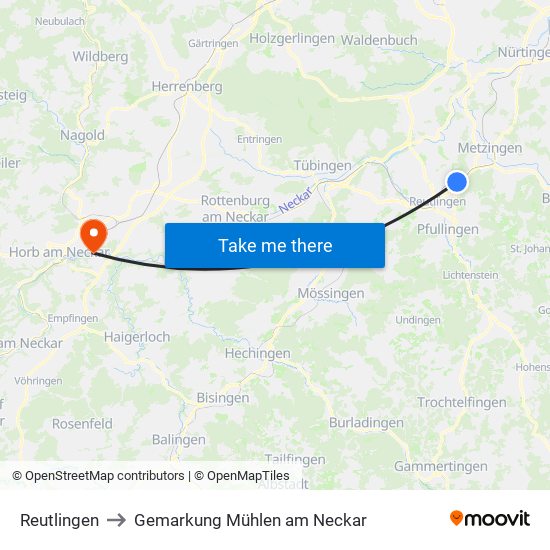 Reutlingen to Gemarkung Mühlen am Neckar map