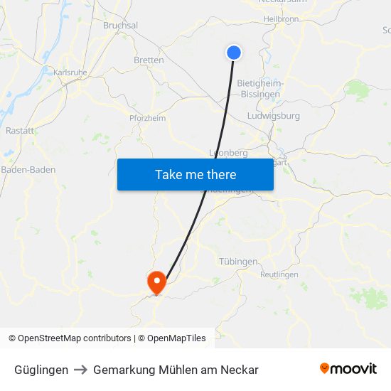 Güglingen to Gemarkung Mühlen am Neckar map