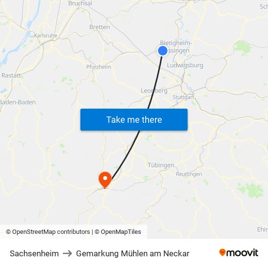 Sachsenheim to Gemarkung Mühlen am Neckar map