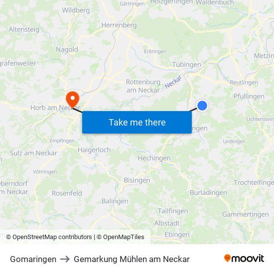 Gomaringen to Gemarkung Mühlen am Neckar map