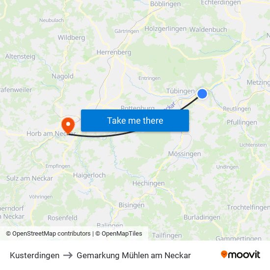 Kusterdingen to Gemarkung Mühlen am Neckar map