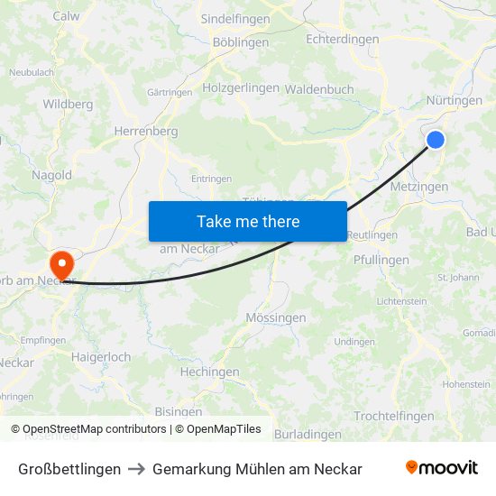 Großbettlingen to Gemarkung Mühlen am Neckar map