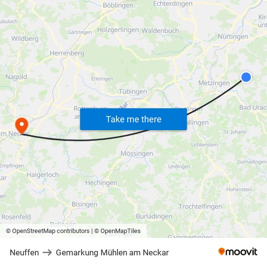 Neuffen to Gemarkung Mühlen am Neckar map