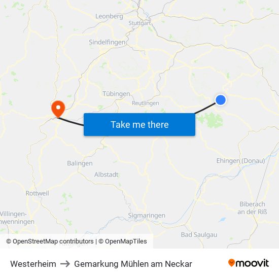 Westerheim to Gemarkung Mühlen am Neckar map
