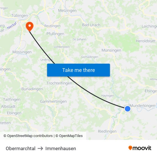 Obermarchtal to Immenhausen map