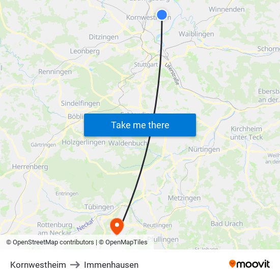 Kornwestheim to Immenhausen map