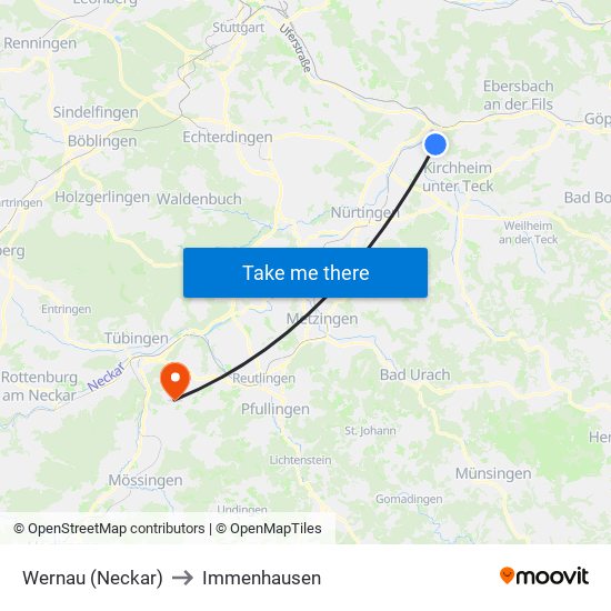 Wernau (Neckar) to Immenhausen map