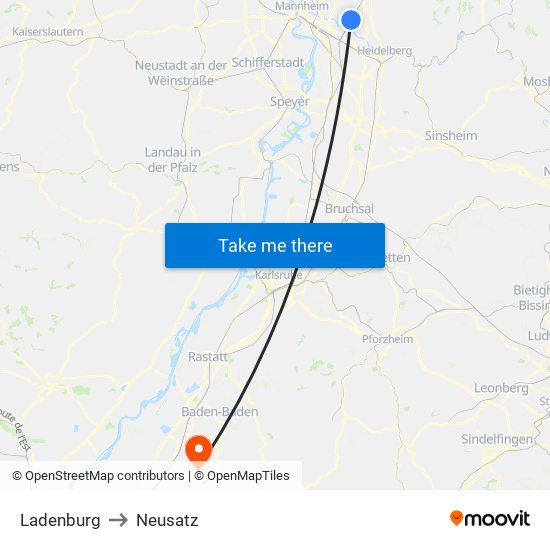 Ladenburg to Neusatz map