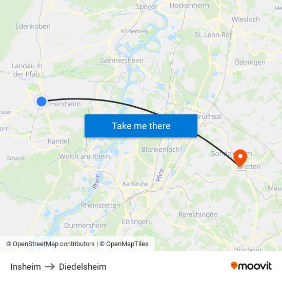 Insheim to Diedelsheim map
