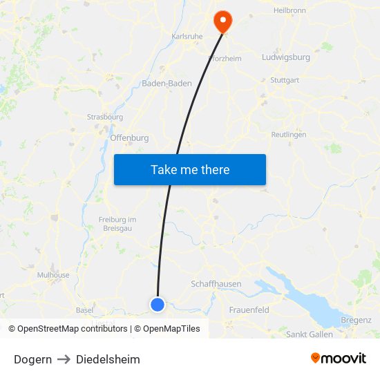 Dogern to Diedelsheim map
