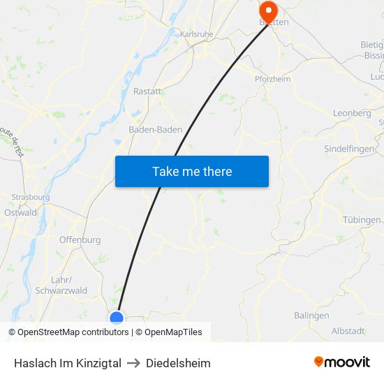 Haslach Im Kinzigtal to Diedelsheim map