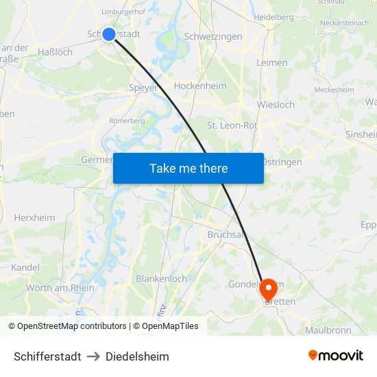 Schifferstadt to Diedelsheim map