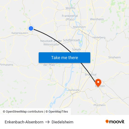 Enkenbach-Alsenborn to Diedelsheim map