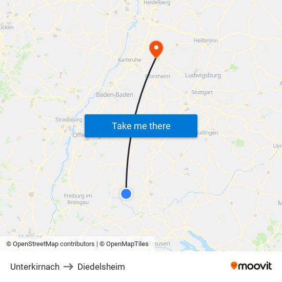 Unterkirnach to Diedelsheim map