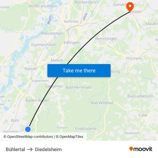 Bühlertal to Diedelsheim map