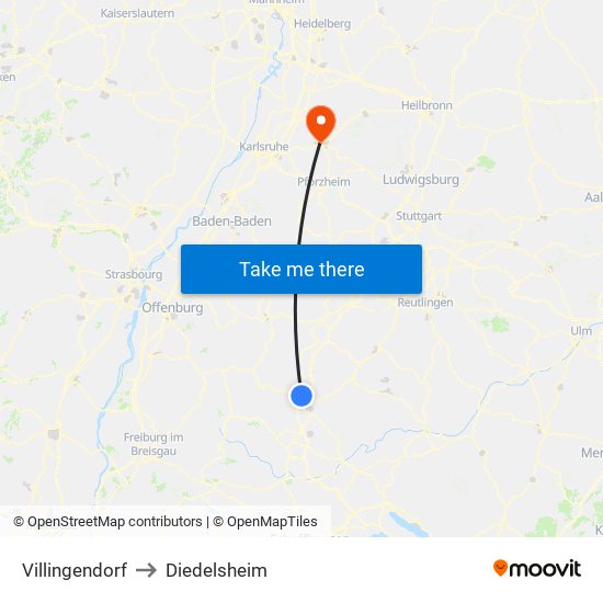 Villingendorf to Diedelsheim map