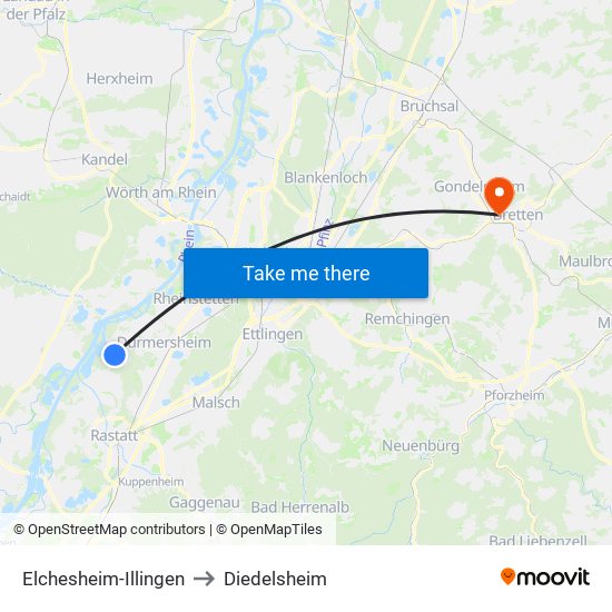 Elchesheim-Illingen to Diedelsheim map