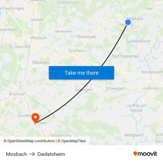 Mosbach to Diedelsheim map