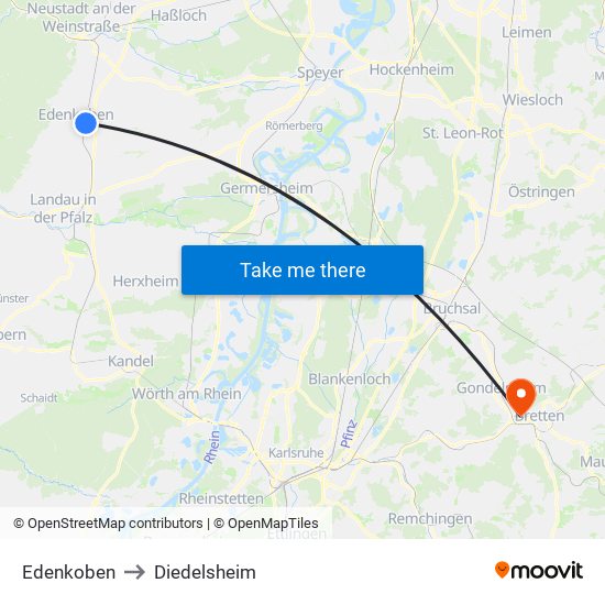 Edenkoben to Diedelsheim map