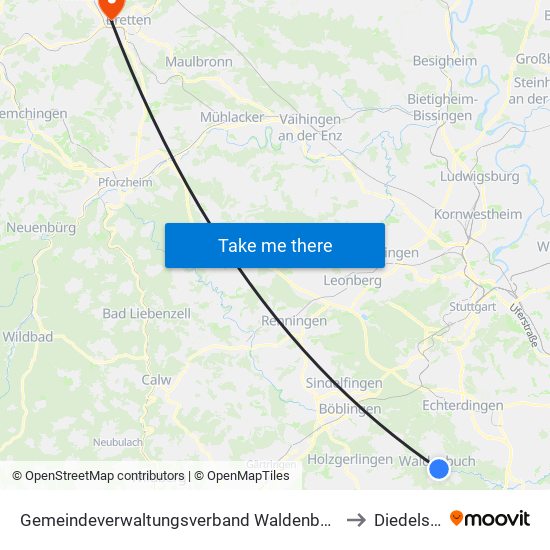Gemeindeverwaltungsverband Waldenbuch/Steinenbronn to Diedelsheim map