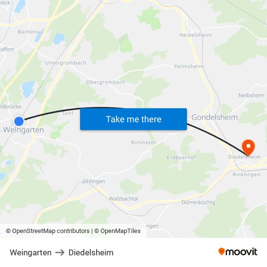 Weingarten to Diedelsheim map