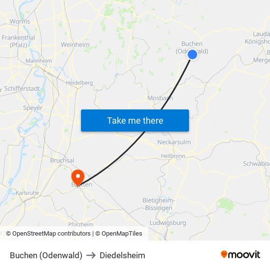 Buchen (Odenwald) to Diedelsheim map