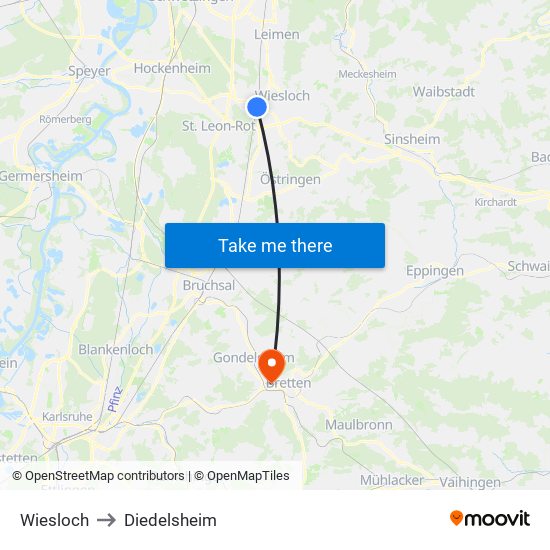 Wiesloch to Diedelsheim map