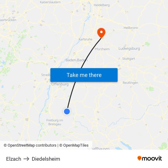 Elzach to Diedelsheim map