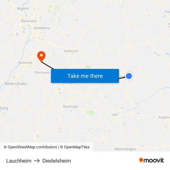 Lauchheim to Diedelsheim map