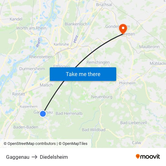 Gaggenau to Diedelsheim map