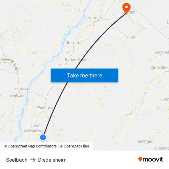 Seelbach to Diedelsheim map